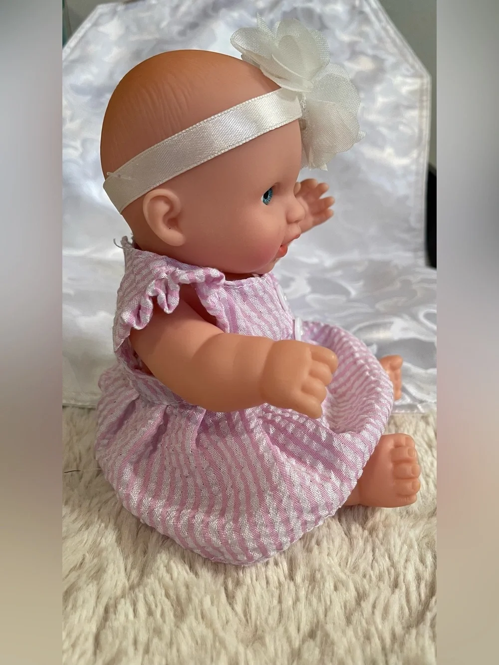 Cute 7” Baby Doll Pink Dress Blue Eyes Movable Arms Legs
